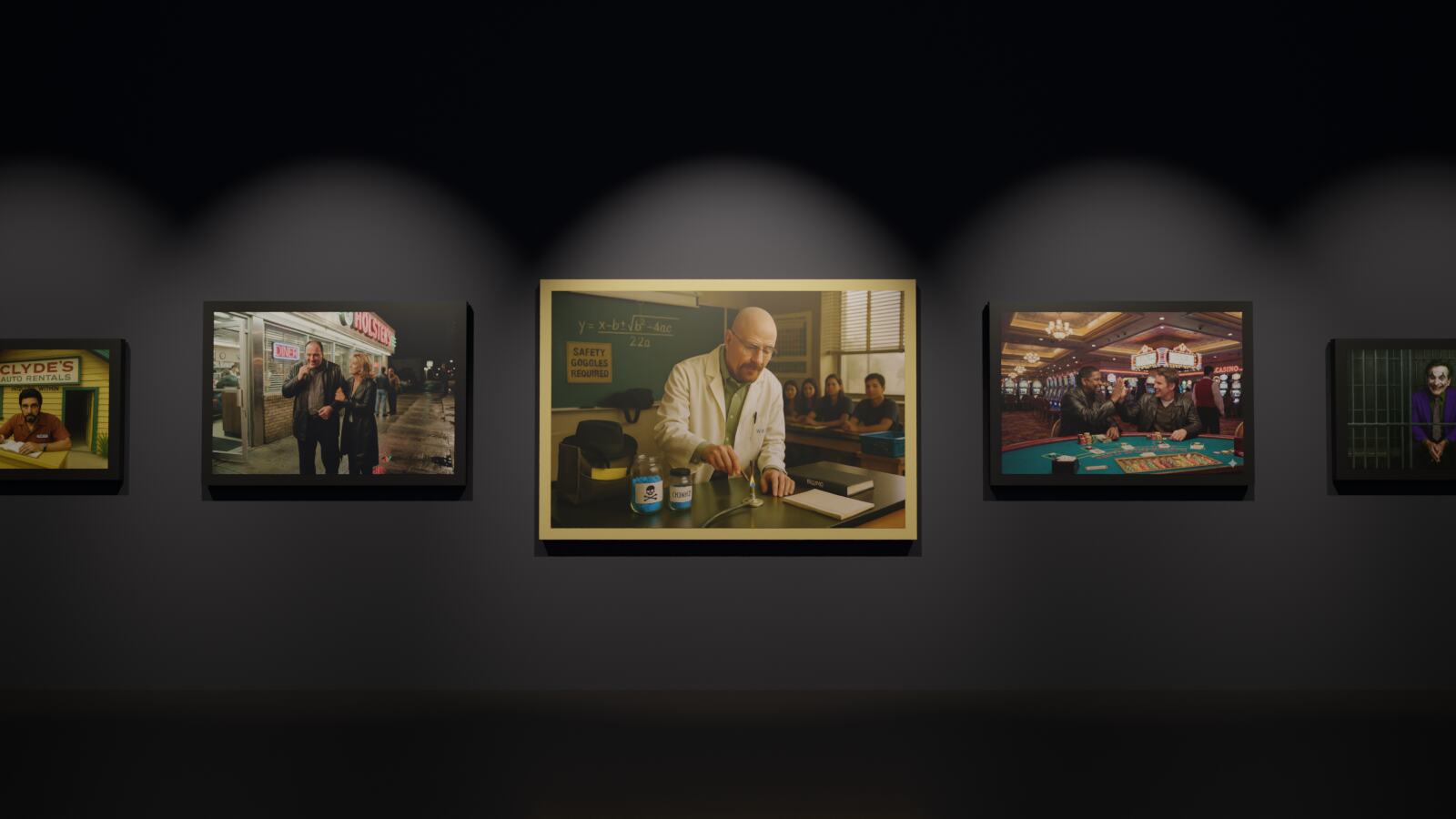 What If…? prints framed on a dark gallery wall under spotlights